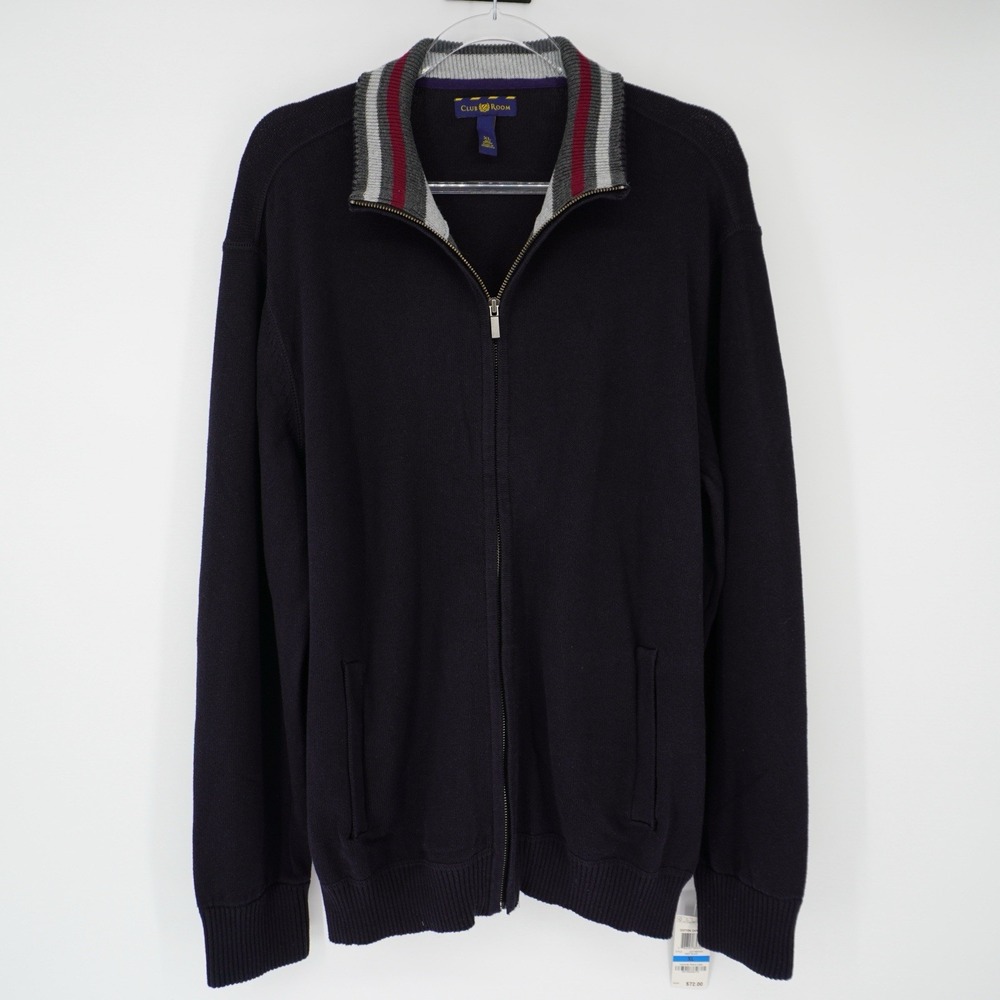 Club Room Zip Up Men's Cardigan Sweater Black Cotton XL NEW Preppy Holiday
